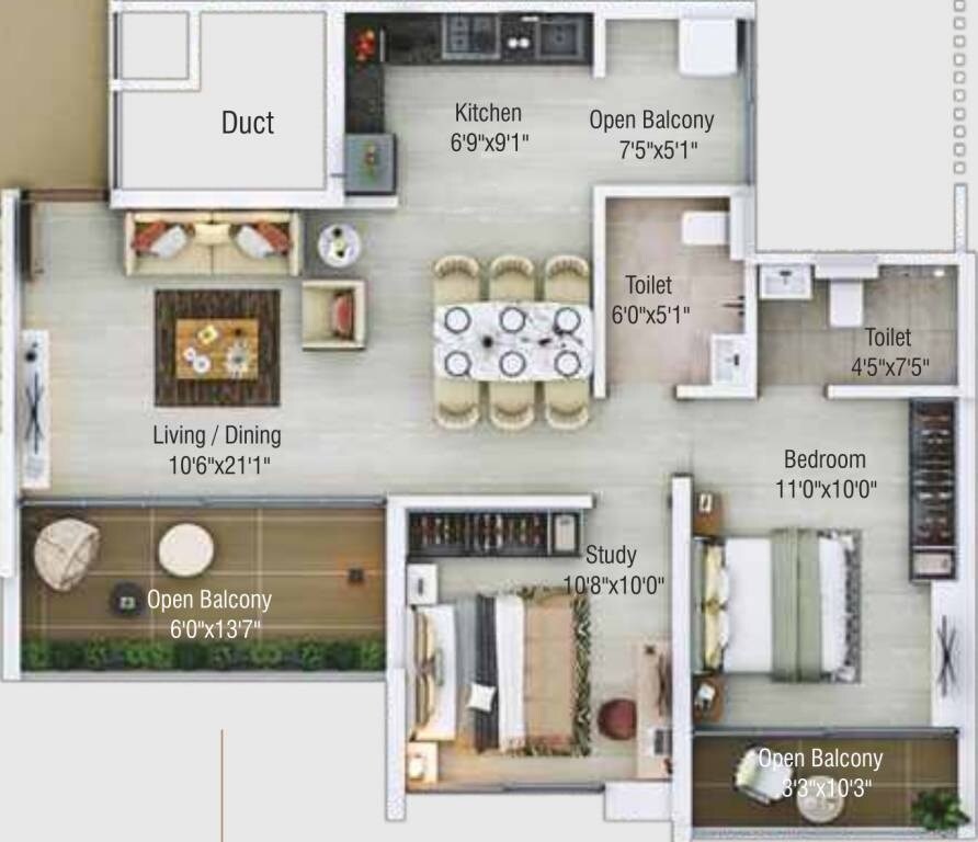 Floor plan of 2 BHK 836 Sq. Ft. Apartment in Shaligram Sky, Pune