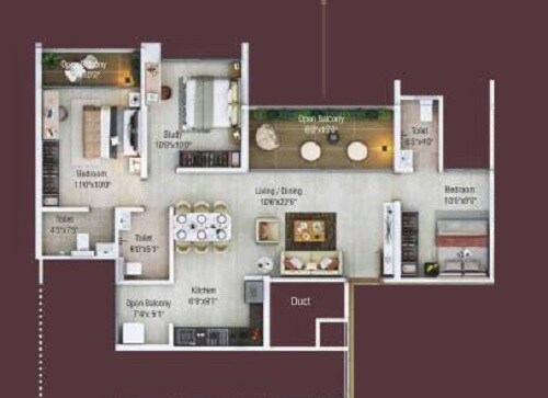 Floor plan of 3 BHK 1001 Sq. Ft. Apartment in Shaligram Sky, Pune