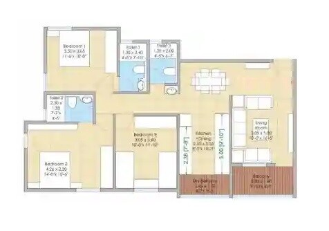 Floor plan of 3 BHK 956 Sq. Ft. Apartment in Shamraj Trident, Pune