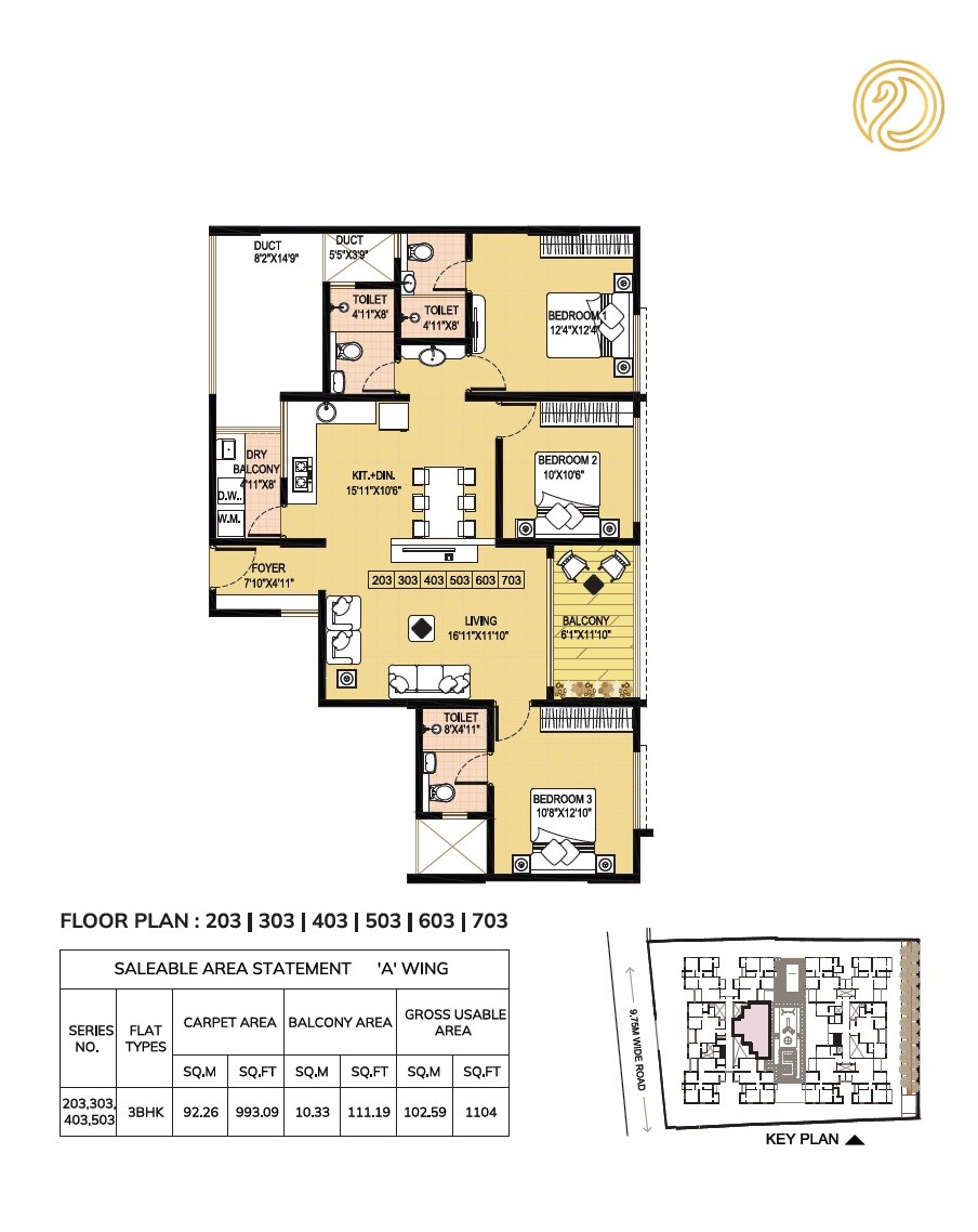 Floor plan of 3 BHK 1104 Sq. Ft. Apartment in Shangrila Heights, Pune