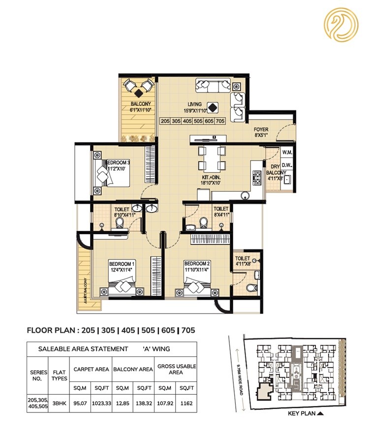 Floor plan of 3 BHK 1162 Sq. Ft. Apartment in Shangrila Heights, Pune