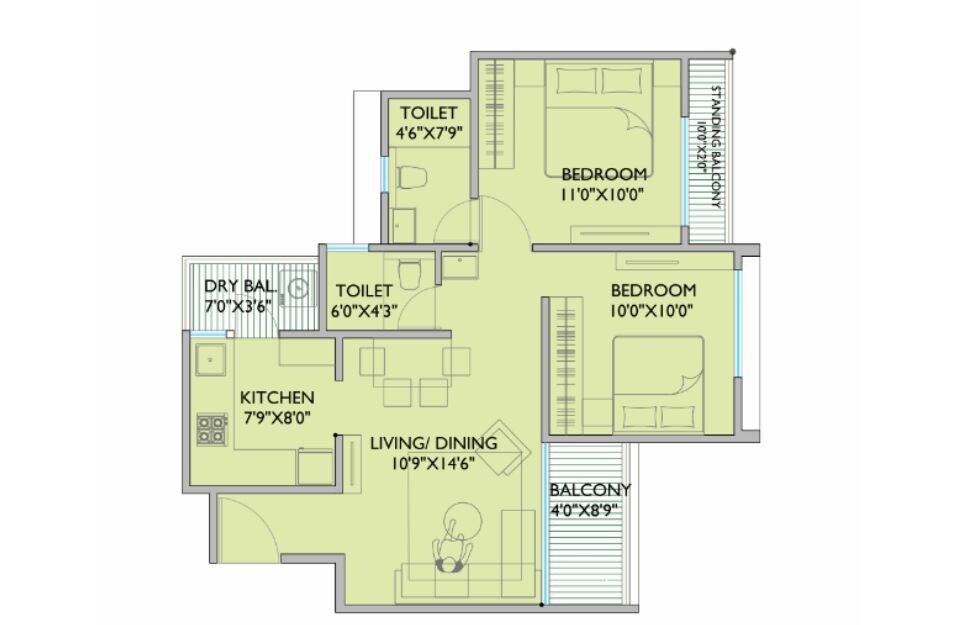 Floor plan of 2 BHK 633 Sq. Ft. Apartment in Shankeshwar Citadel, Pune