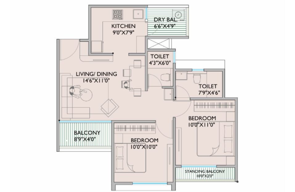 Floor plan of 2 BHK 644 Sq. Ft. Apartment in Shankeshwar Citadel, Pune