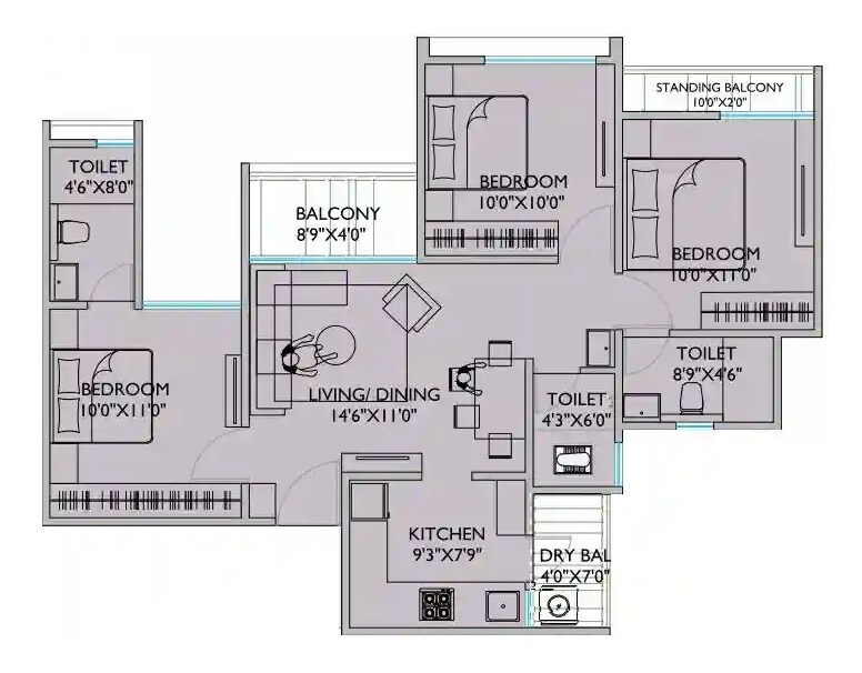 Floor plan of 3 BHK 713 Sq. Ft. Apartment in Shankeshwar Citadel, Pune
