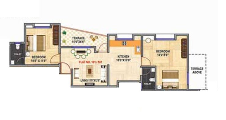 Floor plan of 2 BHK 384 Sq. Ft. Apartment in Shankeshwar Dang Ikon Phase 2, Pune