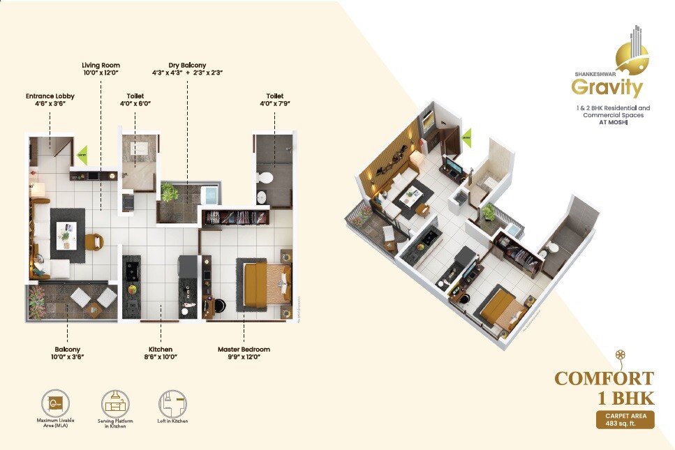 Floor plan of 1 BHK 483 Sq. Ft. Apartment in Shankeshwar Gravity, Pune