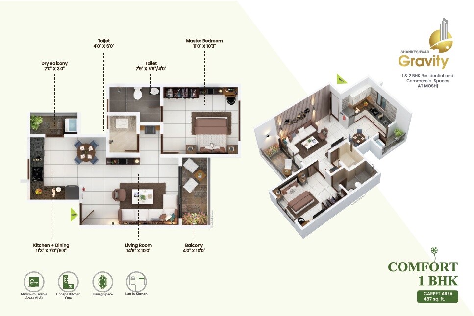 Floor plan of 1 BHK 487 Sq. Ft. Apartment in Shankeshwar Gravity, Pune