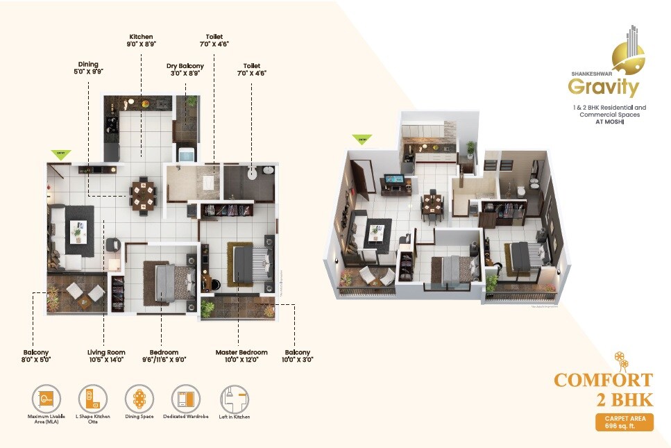 Floor plan of 2 BHK 696 Sq. Ft. Apartment in Shankeshwar Gravity, Pune