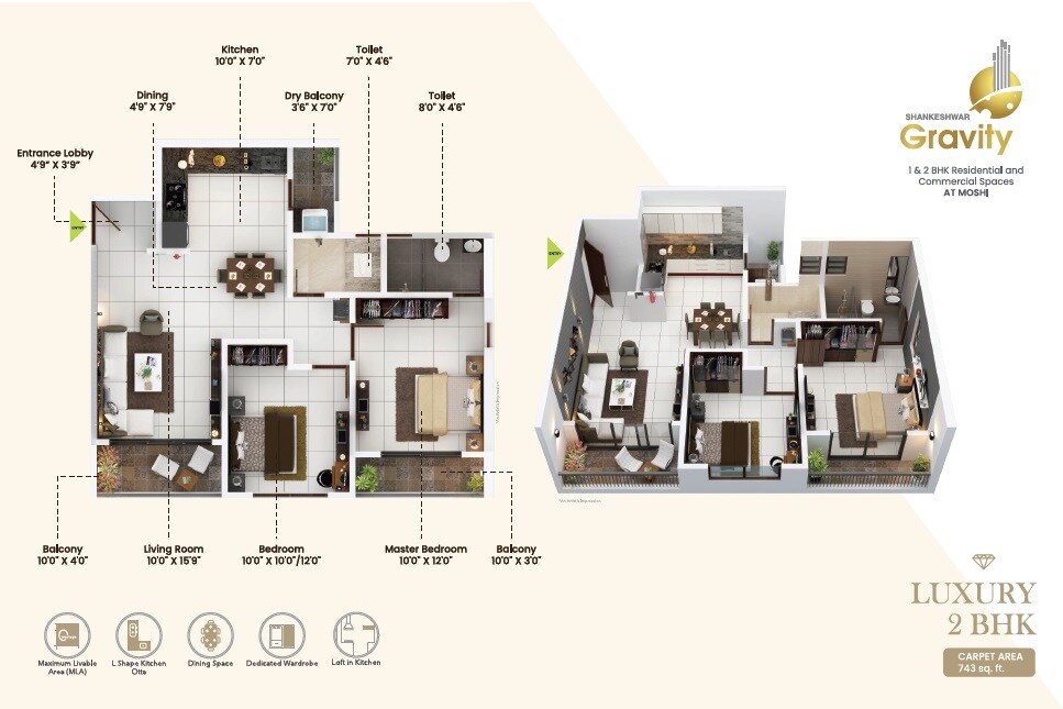 Floor plan of 2 BHK 743 Sq. Ft. Apartment in Shankeshwar Gravity, Pune