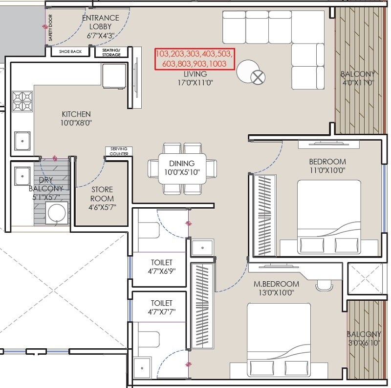 Floor plan of 2 BHK 835 Sq. Ft. Apartment in Shankeshwar Pearl, Pune
