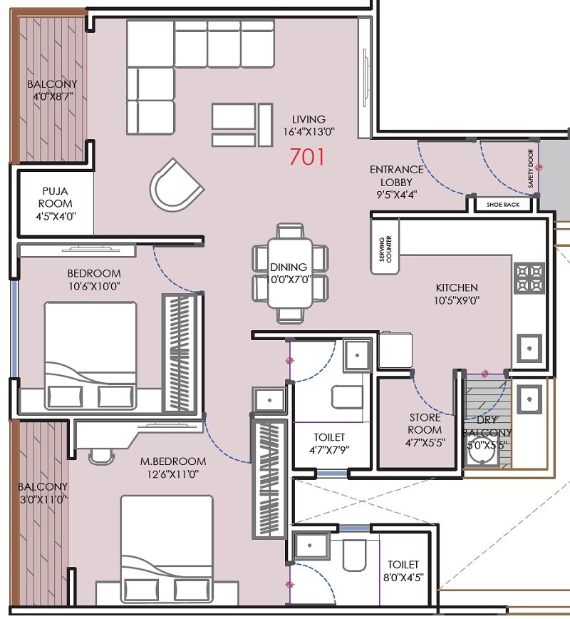 Floor plan of 2 BHK 909 Sq. Ft. Apartment in Shankeshwar Pearl, Pune