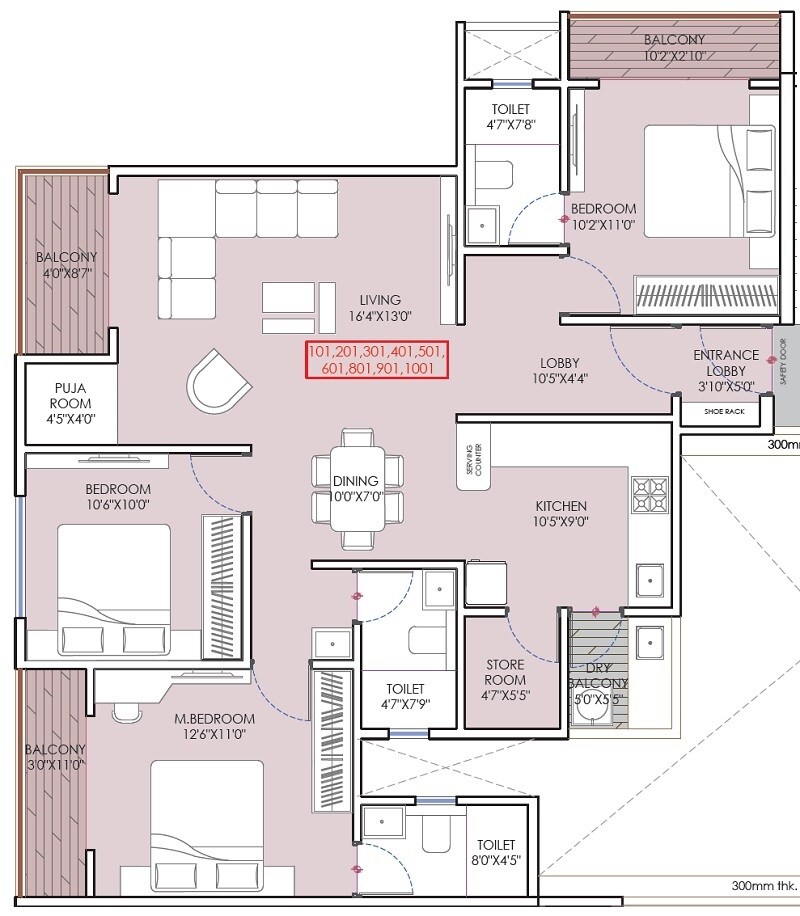 Floor plan of 3 BHK 1136 Sq. Ft. Apartment in Shankeshwar Pearl, Pune