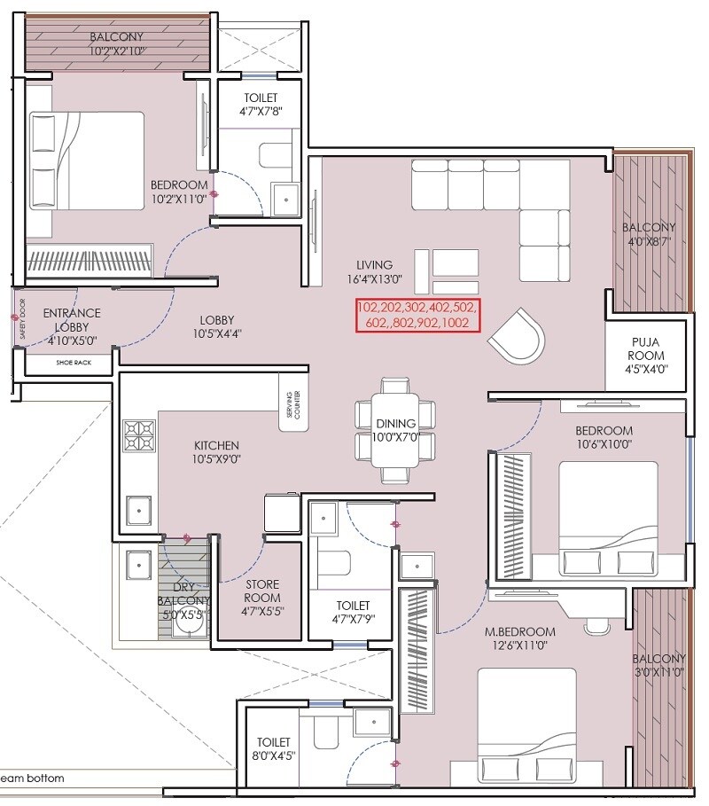Floor plan of 3 BHK 1141 Sq. Ft. Apartment in Shankeshwar Pearl, Pune