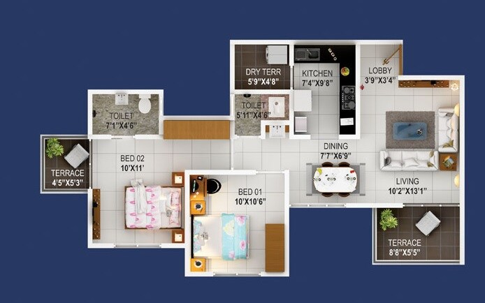 Floor plan of 2 BHK 620 Sq. Ft. Apartment in Shankeshwar Royale, Pune