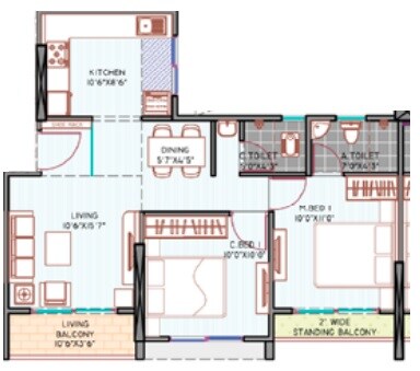 Floor plan of 2 BHK 650 Sq. Ft. Apartment in Shankeshwar Vithuchandra Skye, Pune