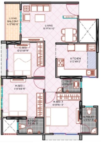 Floor plan of 3 BHK 842 Sq. Ft. Apartment in Shankeshwar Vithuchandra Skye, Pune