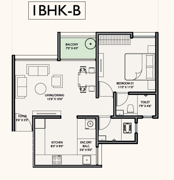 1 BHK 525 Sq. Ft. Apartment