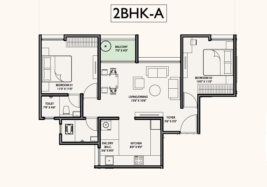 2 BHK 657 Sq. Ft. Apartment