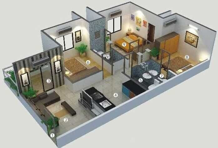 Floor plan of 3 BHK 679 Sq. Ft. Apartment in Shanti Elixir, Pune