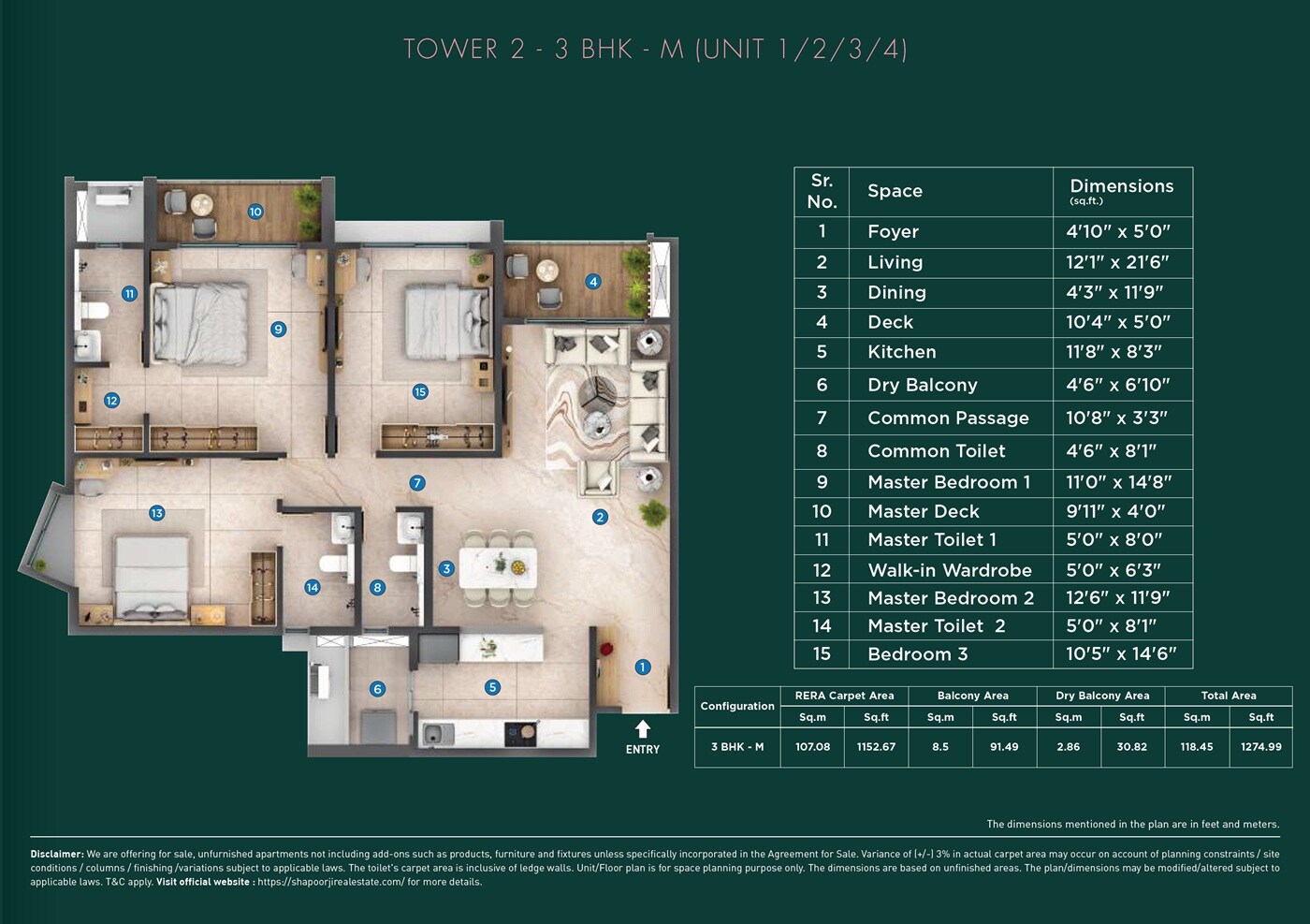 Floor plan of 3 BHK 1275 Sq. Ft. Apartment in Shapoorji Pallonji Everra, Pune