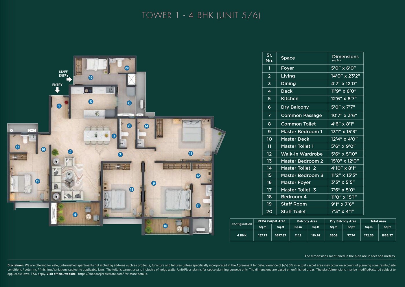 Floor plan of 4 BHK 1855 Sq. Ft. Apartment in Shapoorji Pallonji Everra, Pune