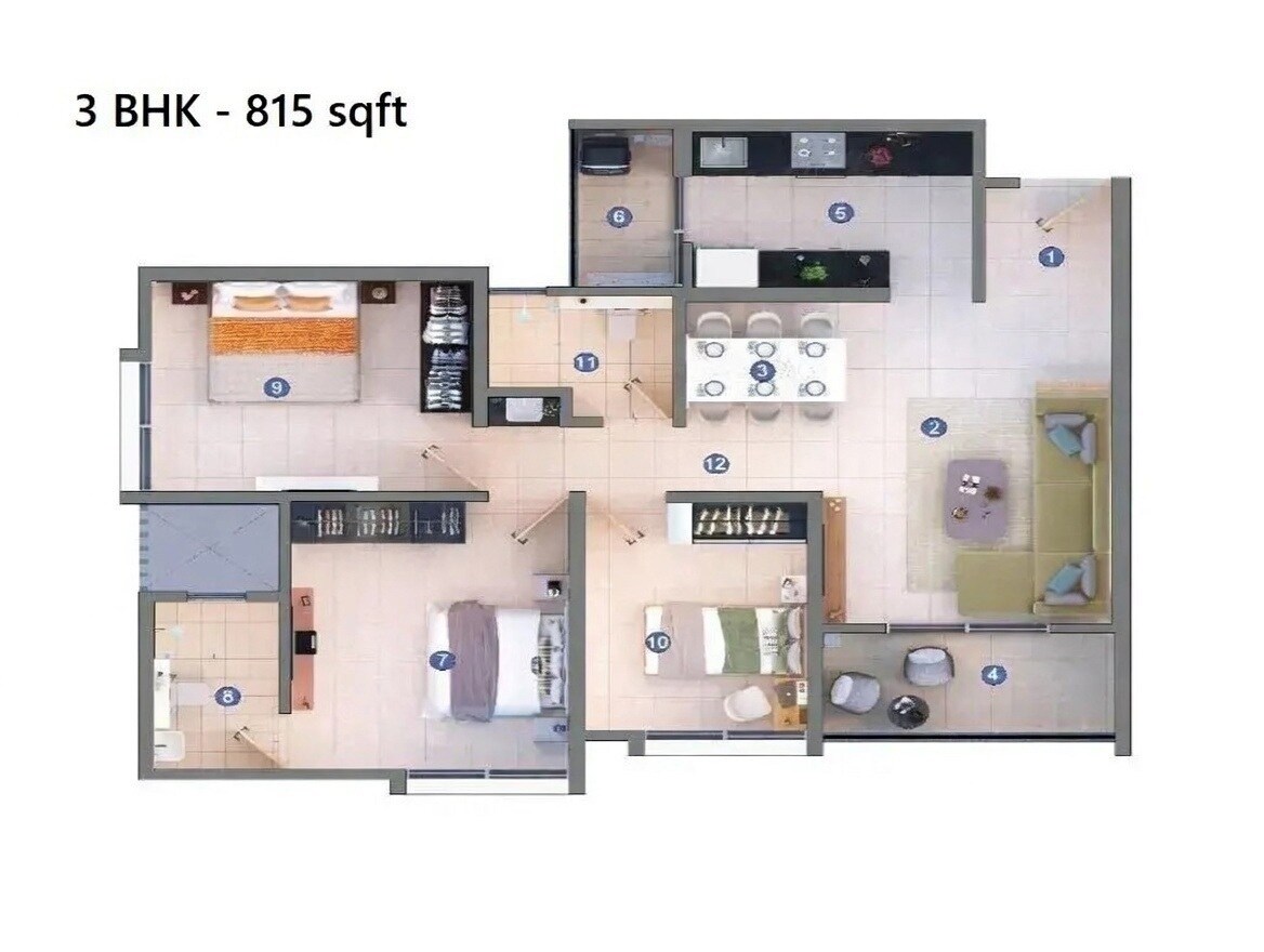 Floor plan of 3 BHK 815 Sq. Ft. Apartment in Shapoorji Pallonji Joyville Hadapsar Annexe, Pune