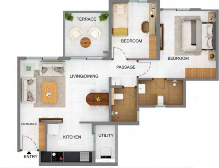 Floor plan of 2 BHK 515 Sq. Ft. Apartment in Shapoorji Pallonji Joyville Hinjewadi Phase 2, Pune