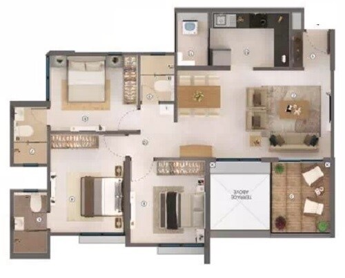 Floor plan of 3 BHK 635 Sq. Ft. Apartment in Shapoorji Pallonji Joyville Hinjewadi, Pune