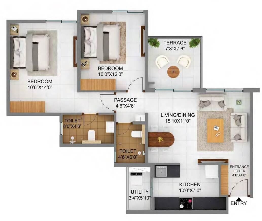 Floor plan of 2 BHK 515 Sq. Ft. Apartment in Shapoorji Pallonji Joyville Hinjewadi Phase 4, Pune