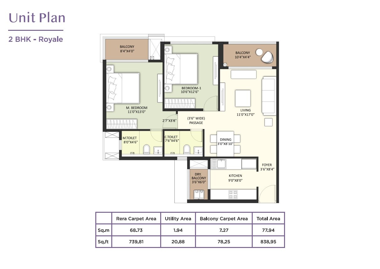 Floor plan of 2 BHK 839 Sq. Ft. Apartment in Shapoorji Pallonji Joyville Vyomora, Pune