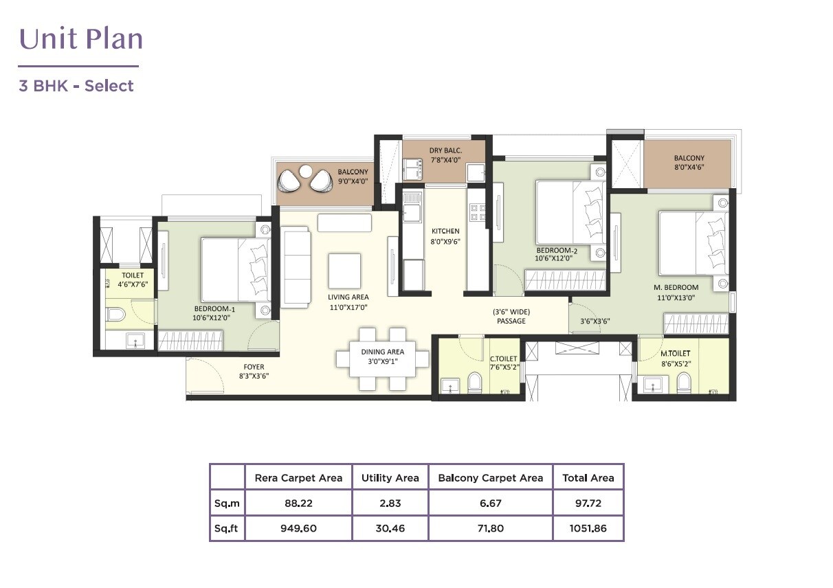 Floor plan of 3 BHK 1052 Sq. Ft. Apartment in Shapoorji Pallonji Joyville Vyomora, Pune