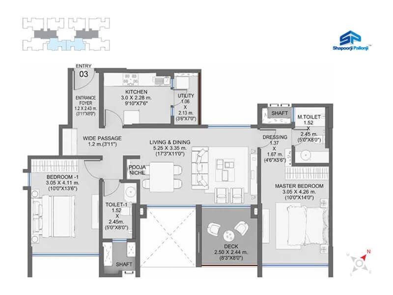 Floor plan of 2 BHK 660 Sq. Ft. Apartment in Shapoorji Pallonji Residency, Pune