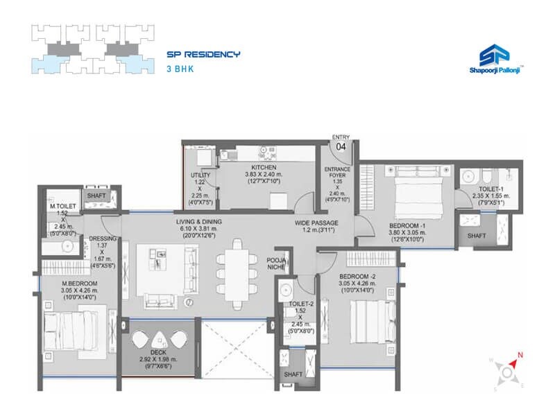 Floor plan of 3 BHK 977 Sq. Ft. Apartment in Shapoorji Pallonji Residency, Pune