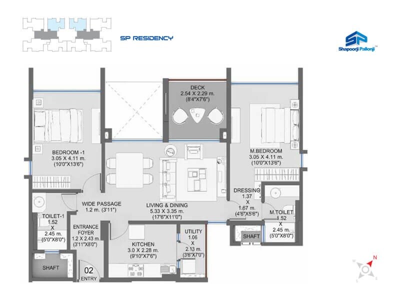 Floor plan of 2 BHK 704 Sq. Ft. Apartment in Shapoorji Pallonji Residency Phase 3, Pune