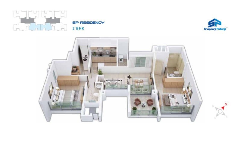 Floor plan of 2 BHK 789 Sq. Ft. Apartment in Shapoorji Pallonji Residency Phase 3, Pune