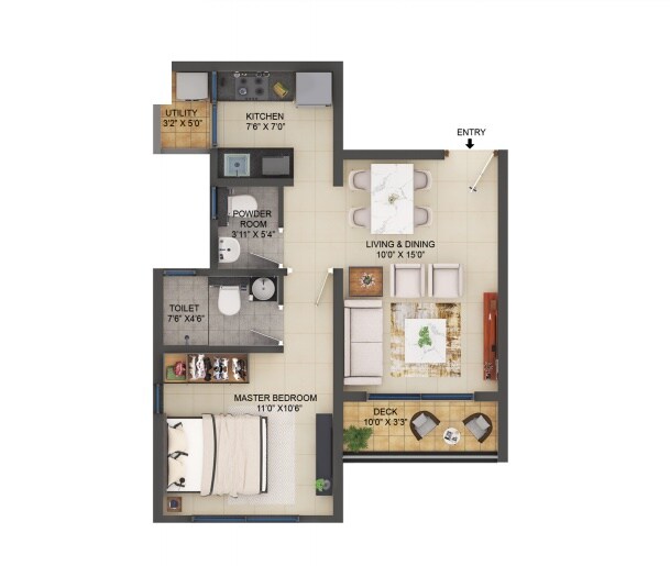 Floor plan of 1 BHK 492 Sq. Ft. Apartment in Shapoorji Pallonji Vahana Yahavi Phase 1, Pune