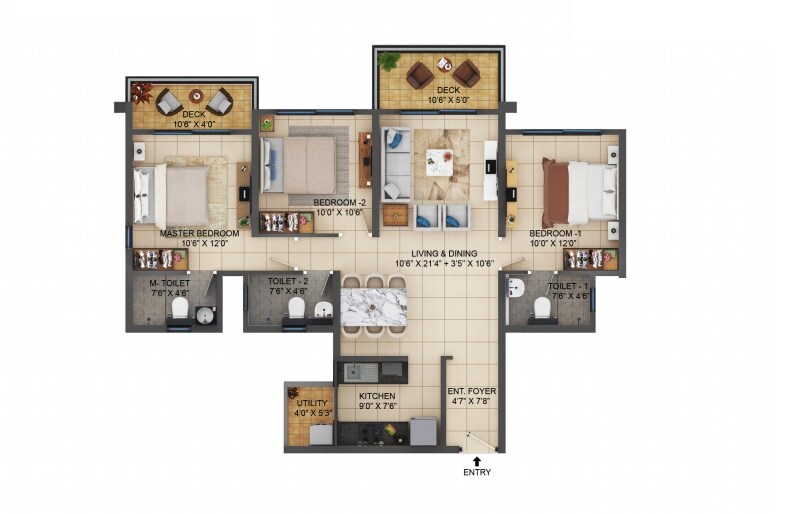Floor plan of 3 BHK 1481 Sq. Ft. Apartment in Shapoorji Pallonji Vahana Yahavi Phase 1, Pune
