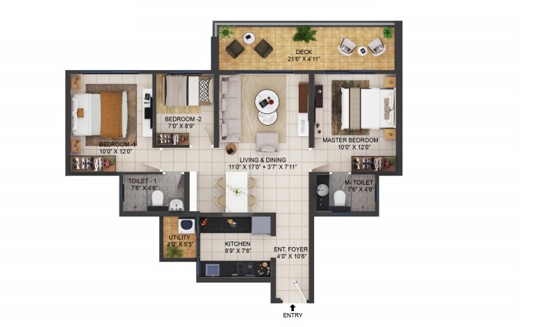 Floor plan of 3 BHK 1011 Sq. Ft. Apartment in Shapoorji Pallonji Vahana Yahavi Phase 1, Pune
