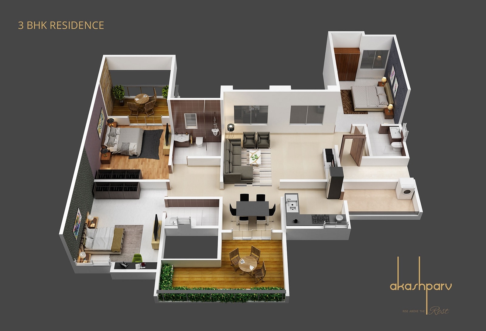 Floor plan of 3 BHK 1654 Sq. Ft. Apartment in Sharada Alliance Akashparv, Pune