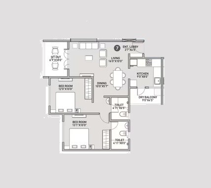 Floor plan of 2 BHK 807 Sq. Ft. Apartment in Sharada Alliance Mokate Kalanidhi, Pune