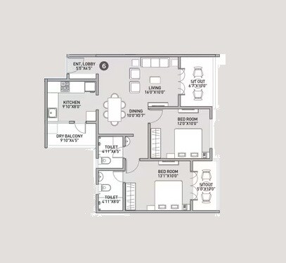 Floor plan of 2 BHK 867 Sq. Ft. Apartment in Sharada Alliance Mokate Kalanidhi, Pune