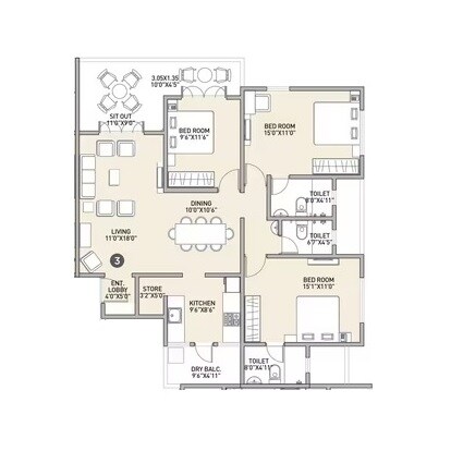 Floor plan of 3 BHK 1228 Sq. Ft. Apartment in Sharada Alliance Mokate Kalanidhi, Pune