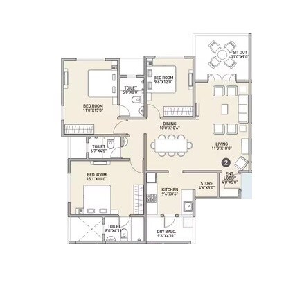 Floor plan of 3 BHK 1267 Sq. Ft. Apartment in Sharada Alliance Mokate Kalanidhi, Pune