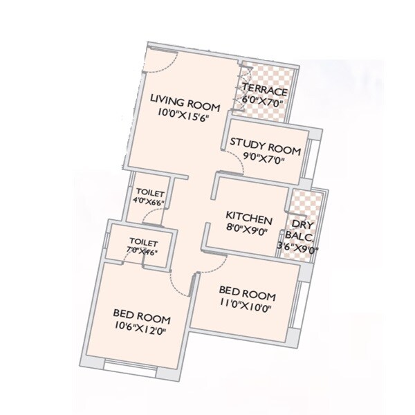 Floor plan of 2 BHK 986 Sq. Ft. Apartment in Sharada Megh Sparsh, Pune
