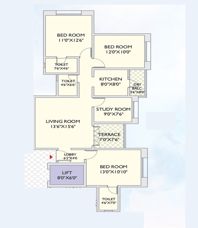 Floor plan of 3 BHK 1011 Sq. Ft. Apartment in Sharada Megh Sparsh, Pune