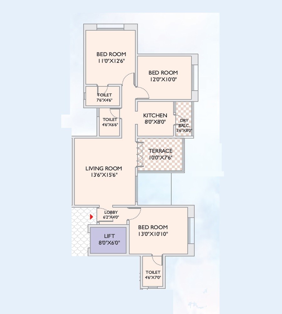 Floor plan of 3 BHK 997 Sq. Ft. Apartment in Sharada Megh Sparsh, Pune