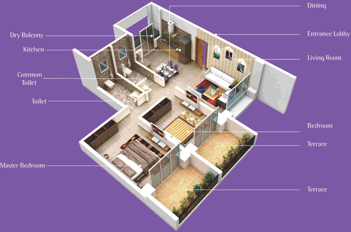 Floor plan of 2 BHK 840 Sq. Ft. Apartment in Sharada Myria, Pune
