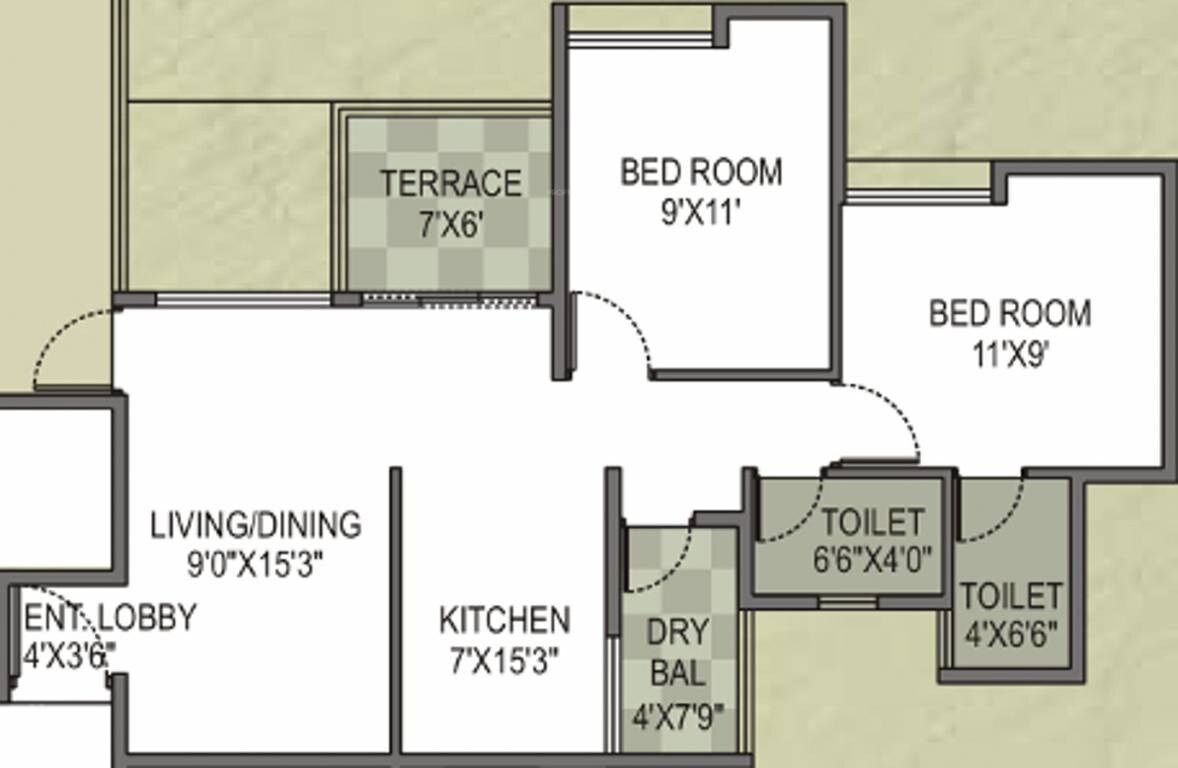 Floor plan of 2 BHK 585 Sq. Ft. Apartment in Sharada Parijat, Pune
