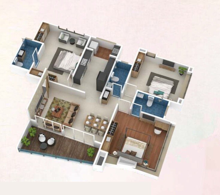 Floor plan of 3 BHK 1370 Sq. Ft. Apartment in Shashi Apartment, Pune