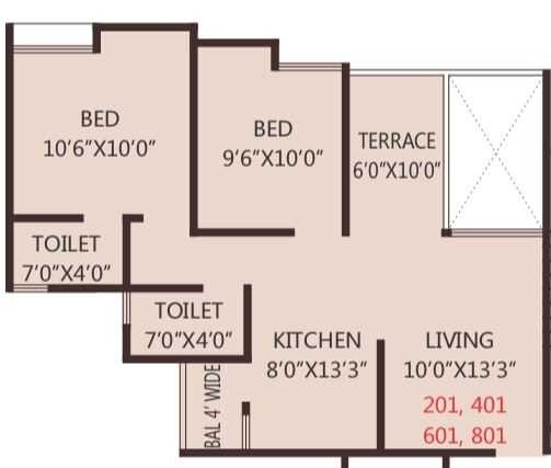 Floor plan of 2 BHK 835 Sq. Ft. Apartment in Shaurya Sargam, Pune